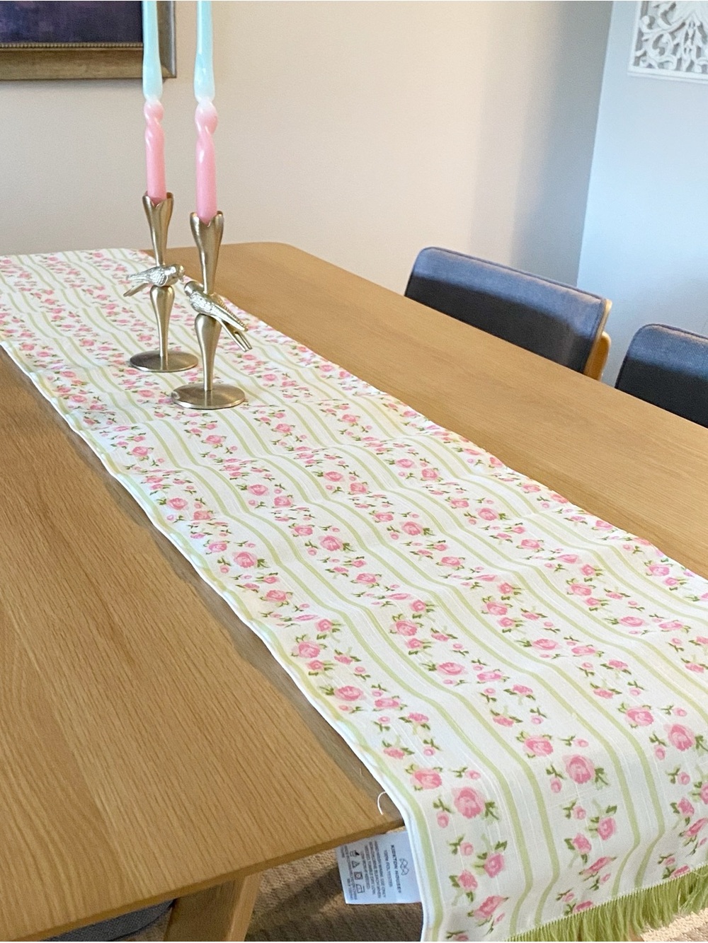 KIRKTON HOUSE Table Runner Floral Stripe Pink Green Cottage Core 14 X 72 In NWT